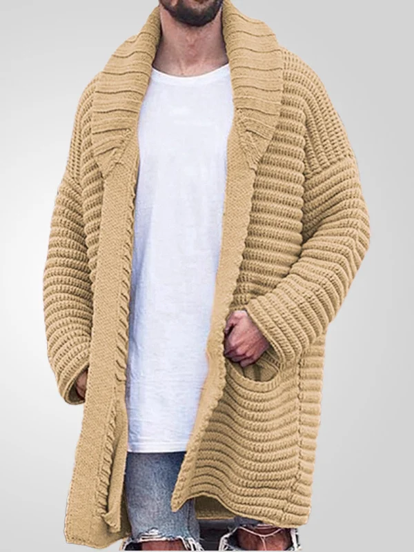 Men's Lapel Collar Textured Ribbed Knit Pocket Mid-Length Cardigan