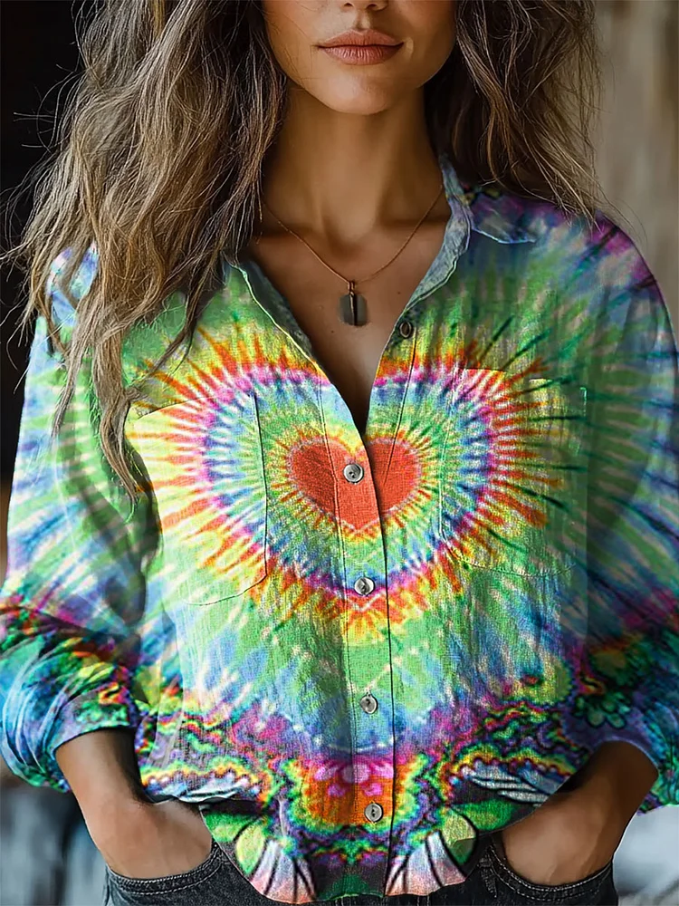 Women's Retro Love Heart Tie Dye Print Casual Long Sleeve Comfortable Cotton Shirt