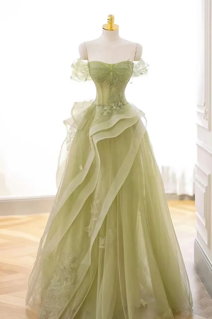 Lisliy Charming Lace Strapless Off the Shoulder A-Line Long Tulle Prom Dress with Ruffle
