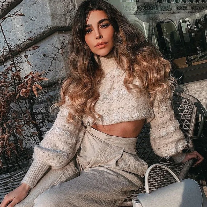Ardm Za Lace Stripe Patchwork Woman Sweaters Knitted Loose Sweet Sweater Vintage High Neck Lantern Sleeve  Pullover Women Tops