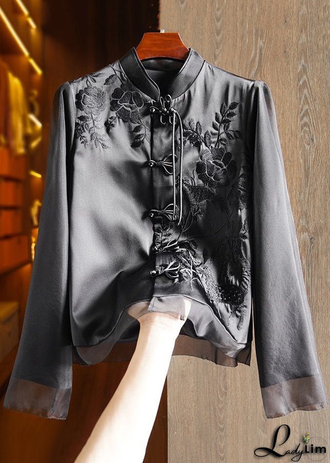 French Black Chinese Button Embroideried Patchwork Silk Tops Long Sleeve
