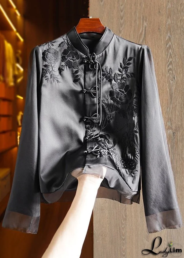 French Black Chinese Button Embroideried Patchwork Silk Tops Long Sleeve