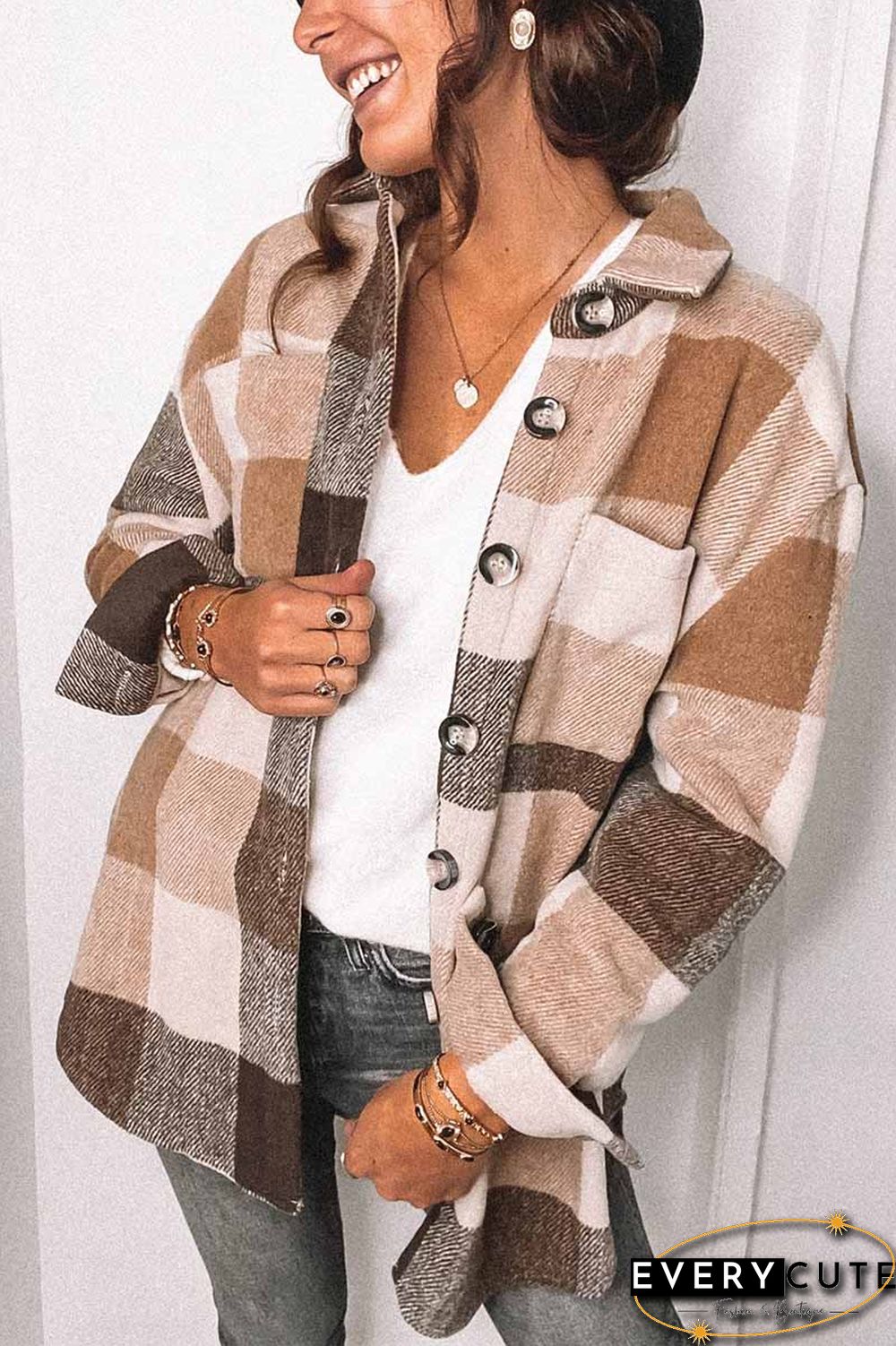 Fashion Lapel Loose Plaid Jacket Tops(3 Colors)