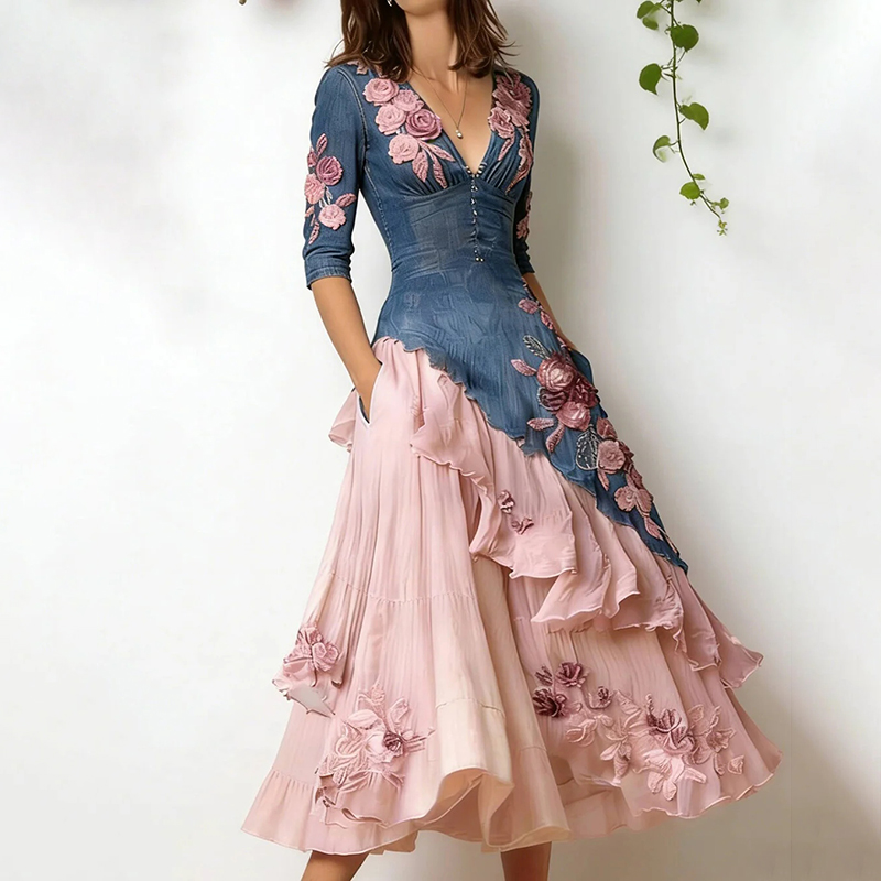 Women's Elegant Floral Embroidered Patchwork Art Midi Dress wearshes