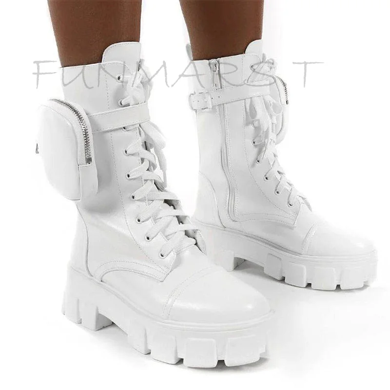 2020 New Chunky Boots Fashion Pocket Platform Boots Women Ankle Boots Female Sole Pouch Motorcycle Boots Shoes Women Botas Mujer