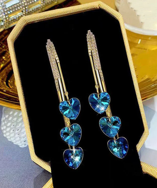 Unique Blue Sterling Silver Inlaid Zircon Tassel Love Drop Earrings