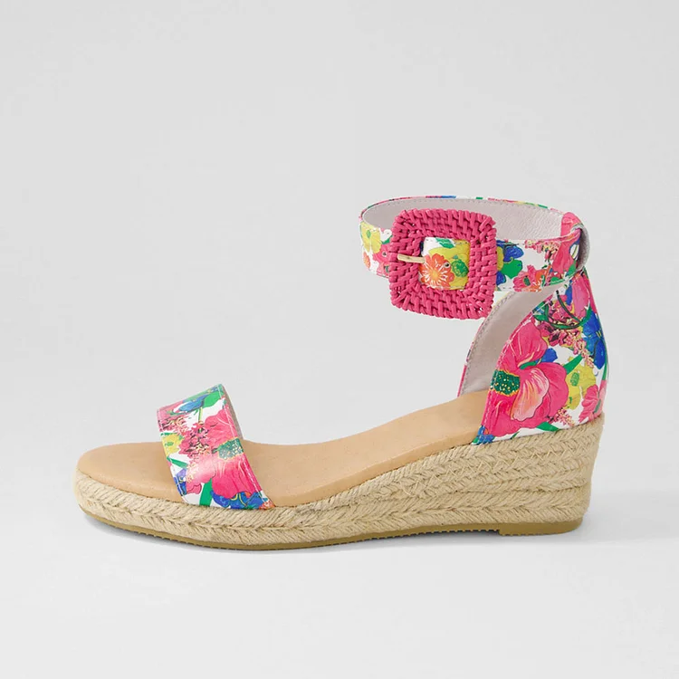 Women's Multicolor Floral Print Ankle Strap Wedge Espadrille Sandals |FSJ Shoes