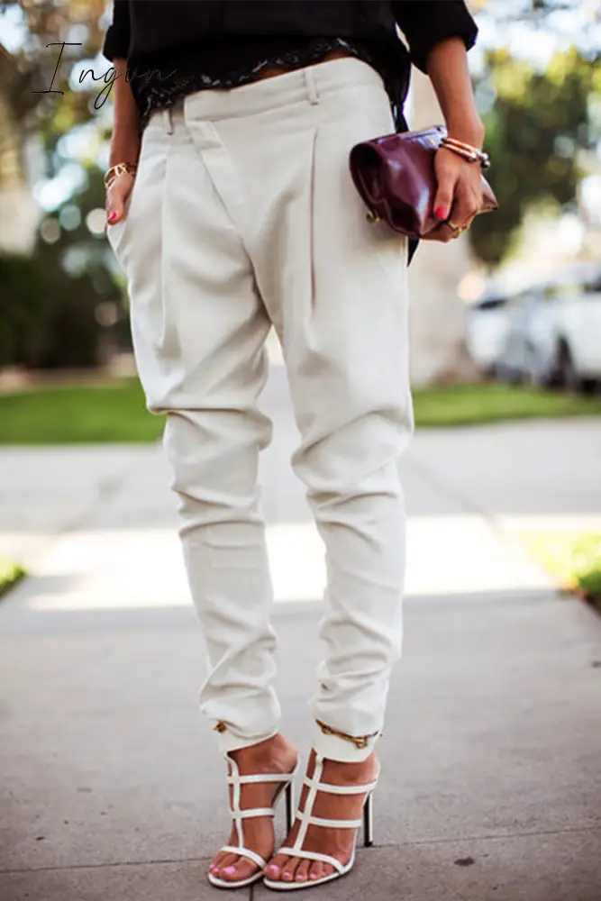 Ingvn - Casual Solid Patchwork Regular Mid Waist Straight Color Bottoms(4 Colors) White / S