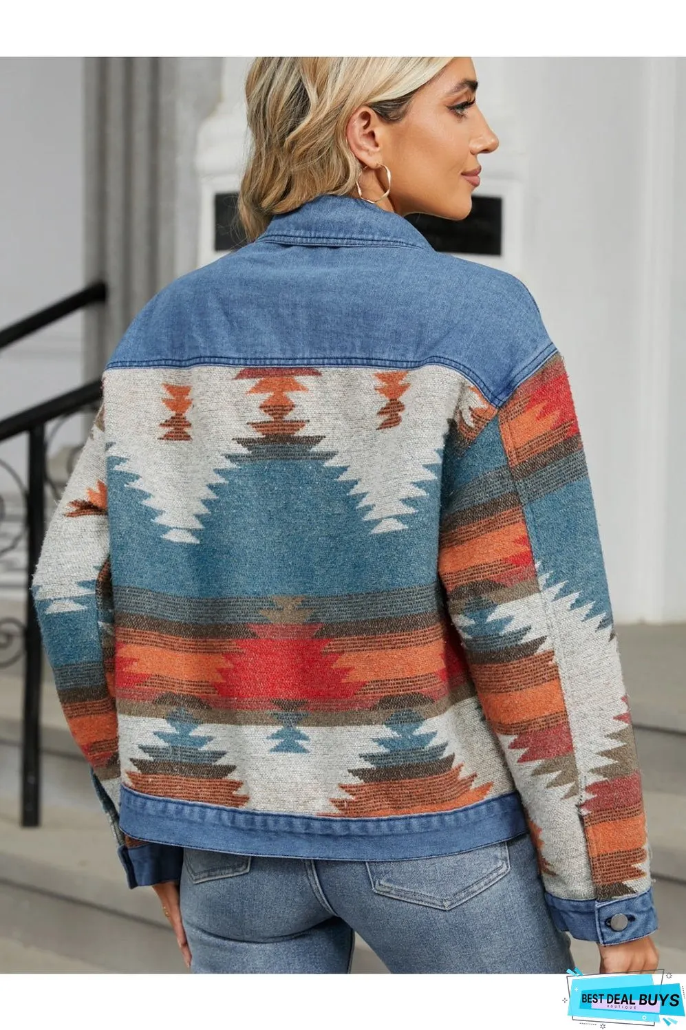 Geometric Button Up Long Sleeve Denim Jacket