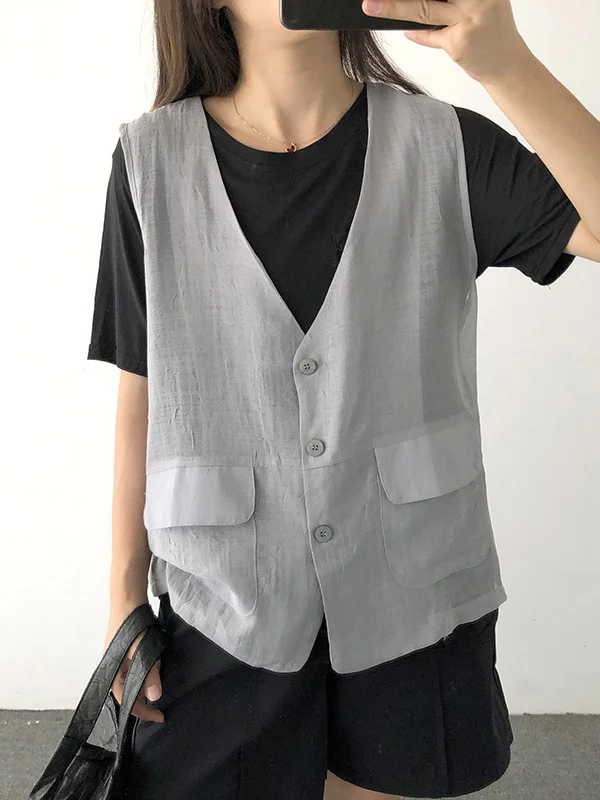 Minimalist Casual Linen Pure Color V-Neck Vest Outwear
