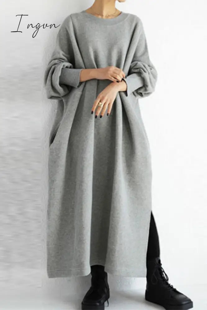 Ingvn - Casual Solid Slit O Neck Long Dress Dresses Grey / S Dresses/Casual