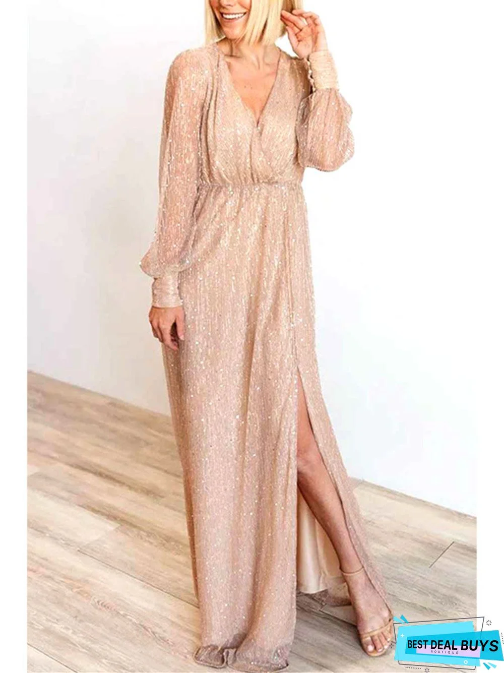 Large Women's Banquet Evening Dress Long Sleeve V-Neck Split Dress