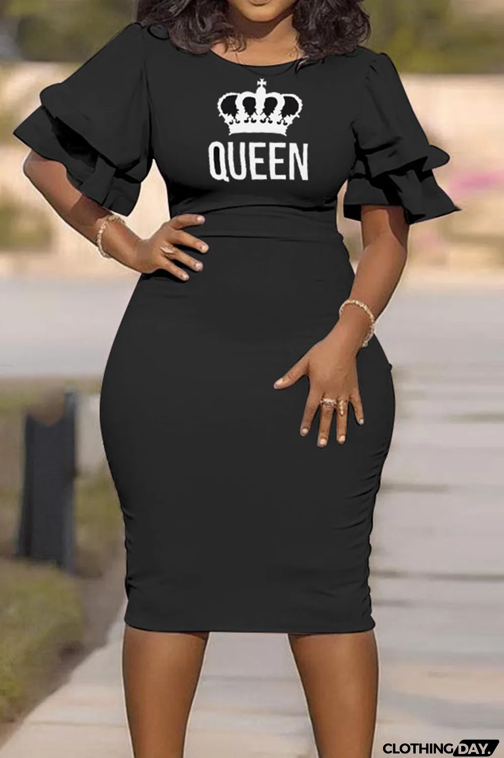 Black Fashion Casual Plus Size Letter Print Basic O Neck Short Sleeve Dress