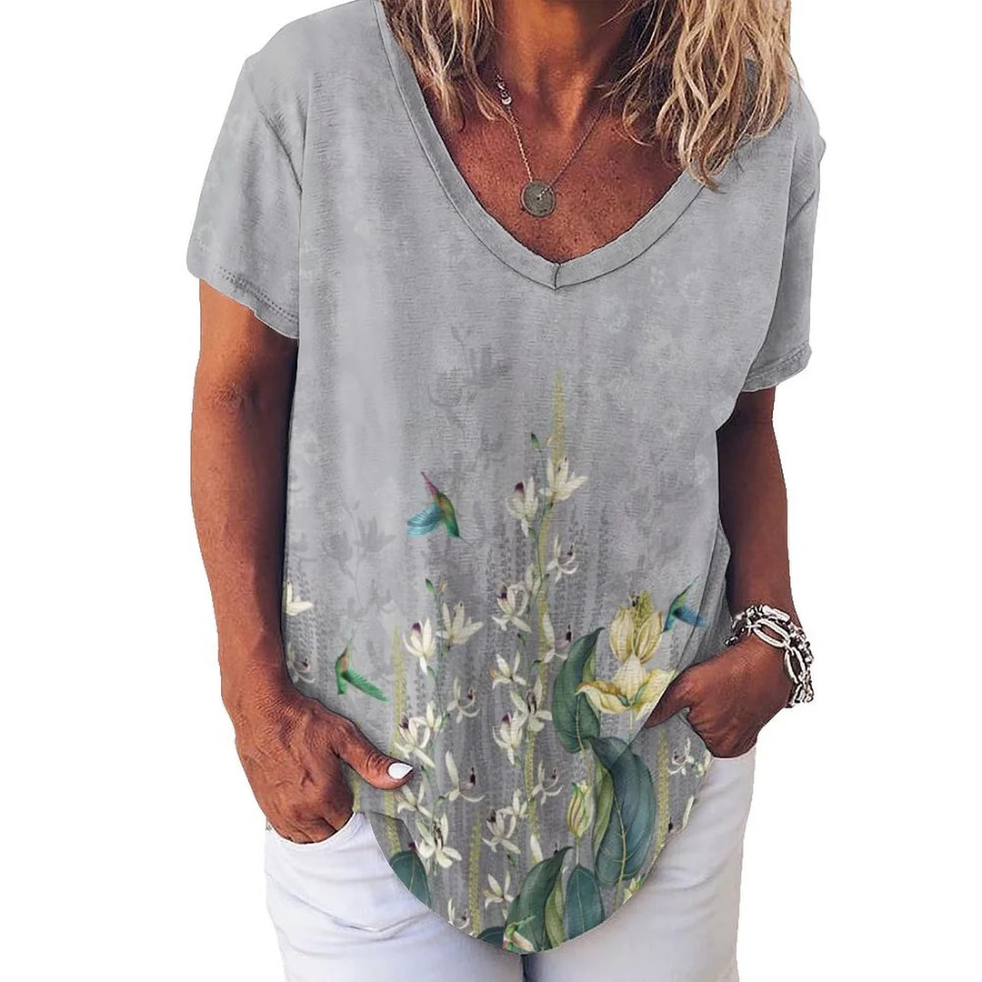 V-neck Short Sleeve Casual T-shirt for  Women Printed with Pattern Floral, Yellow, Gray