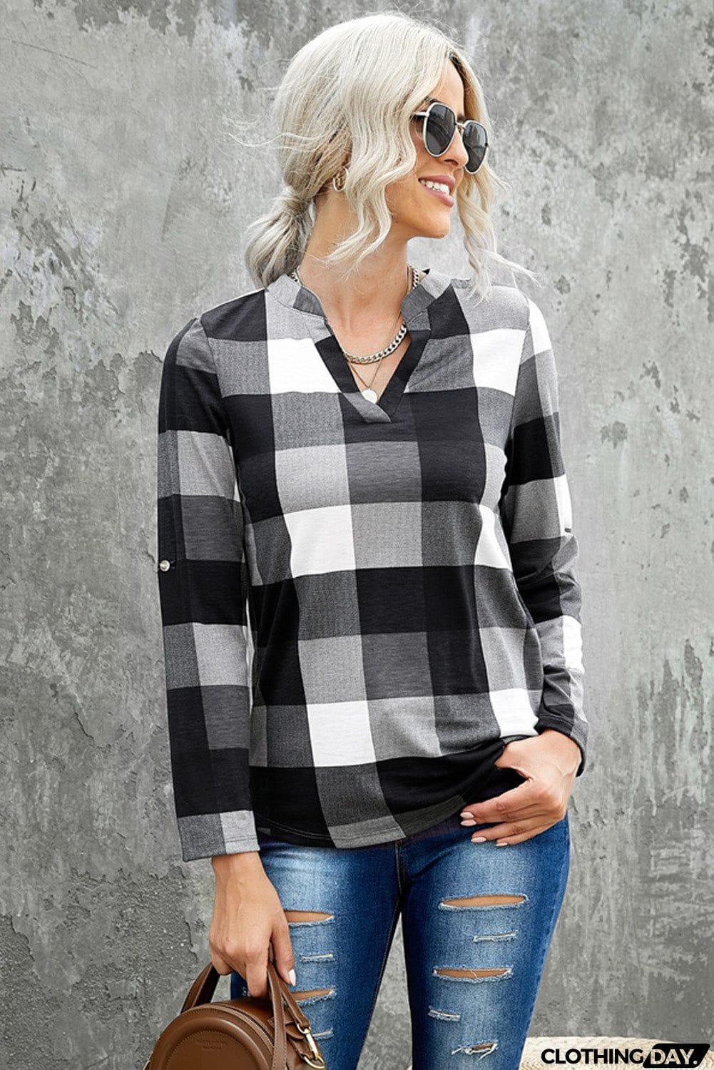 Contrast Plaid V Neck Long Sleeve Top