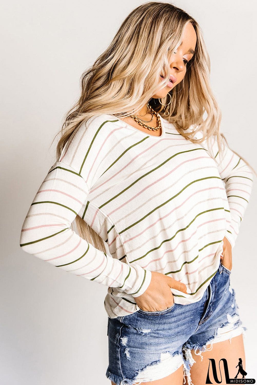 MidiSono - Long Sleeve V Neck Striped Print Top