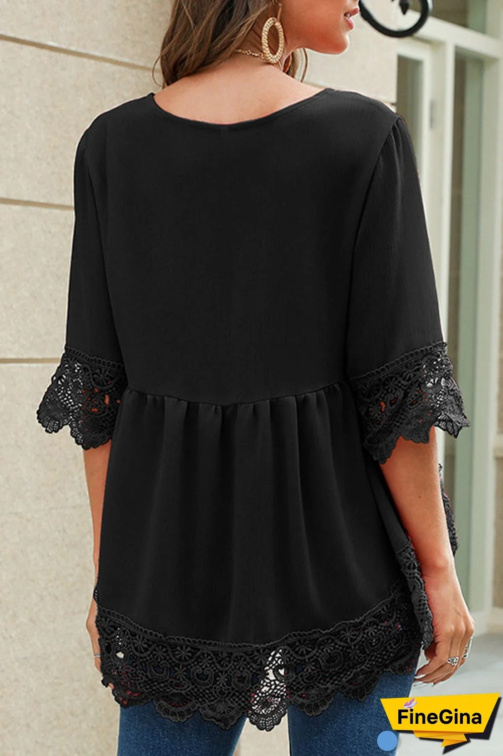 Chiffon Lace Pierced V-Neck Blouse
