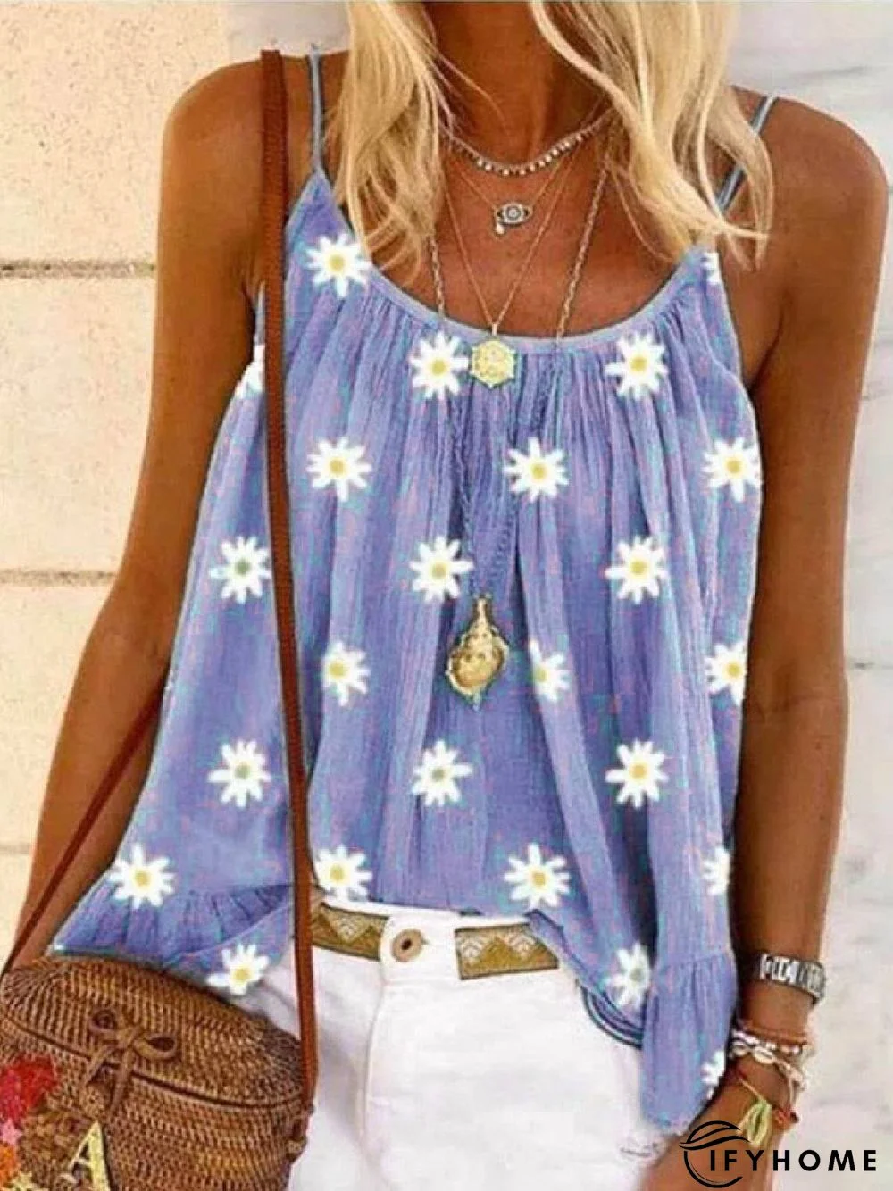 Sleeveless Floral-Print Casual Spaghetti T-shirt | IFYHOME