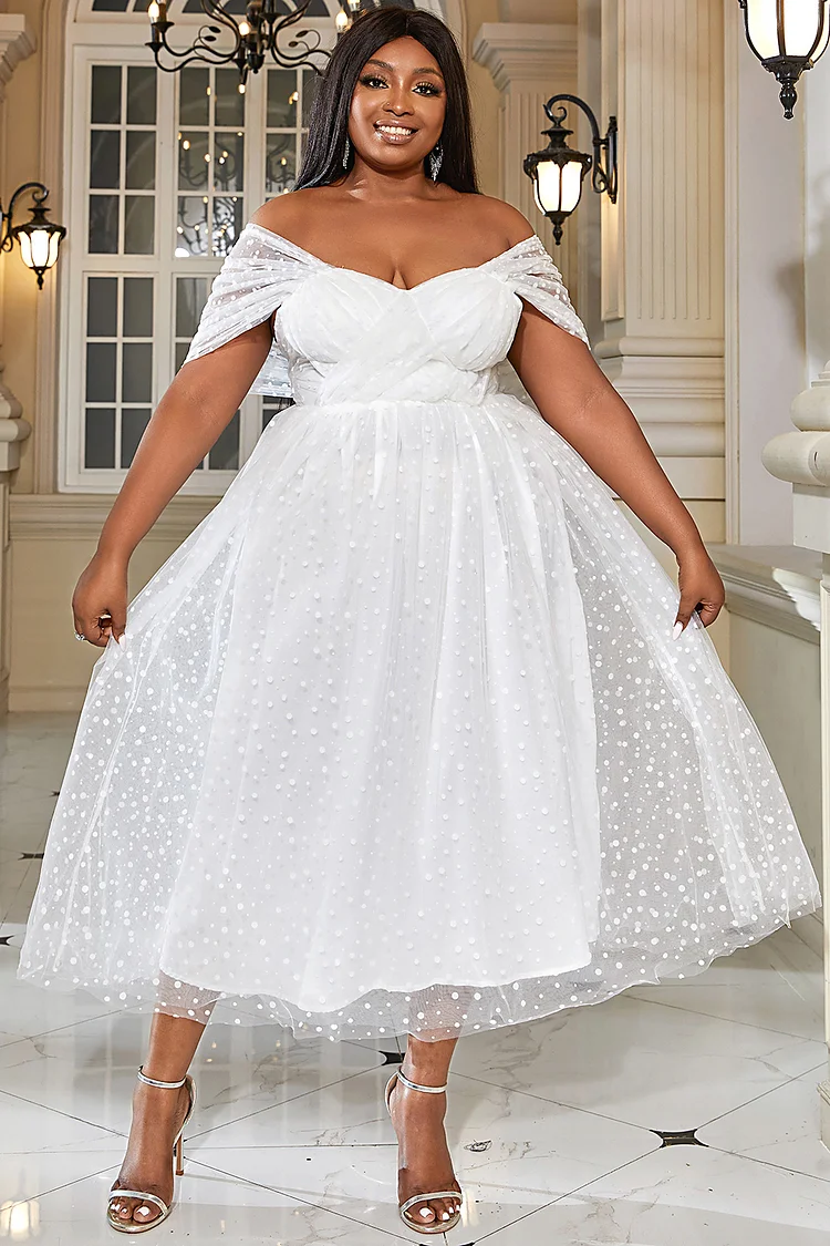 Xpluswear Design Plus Size White Formal Off The Shoulder Mesh Midi Dress [Pre-Order]