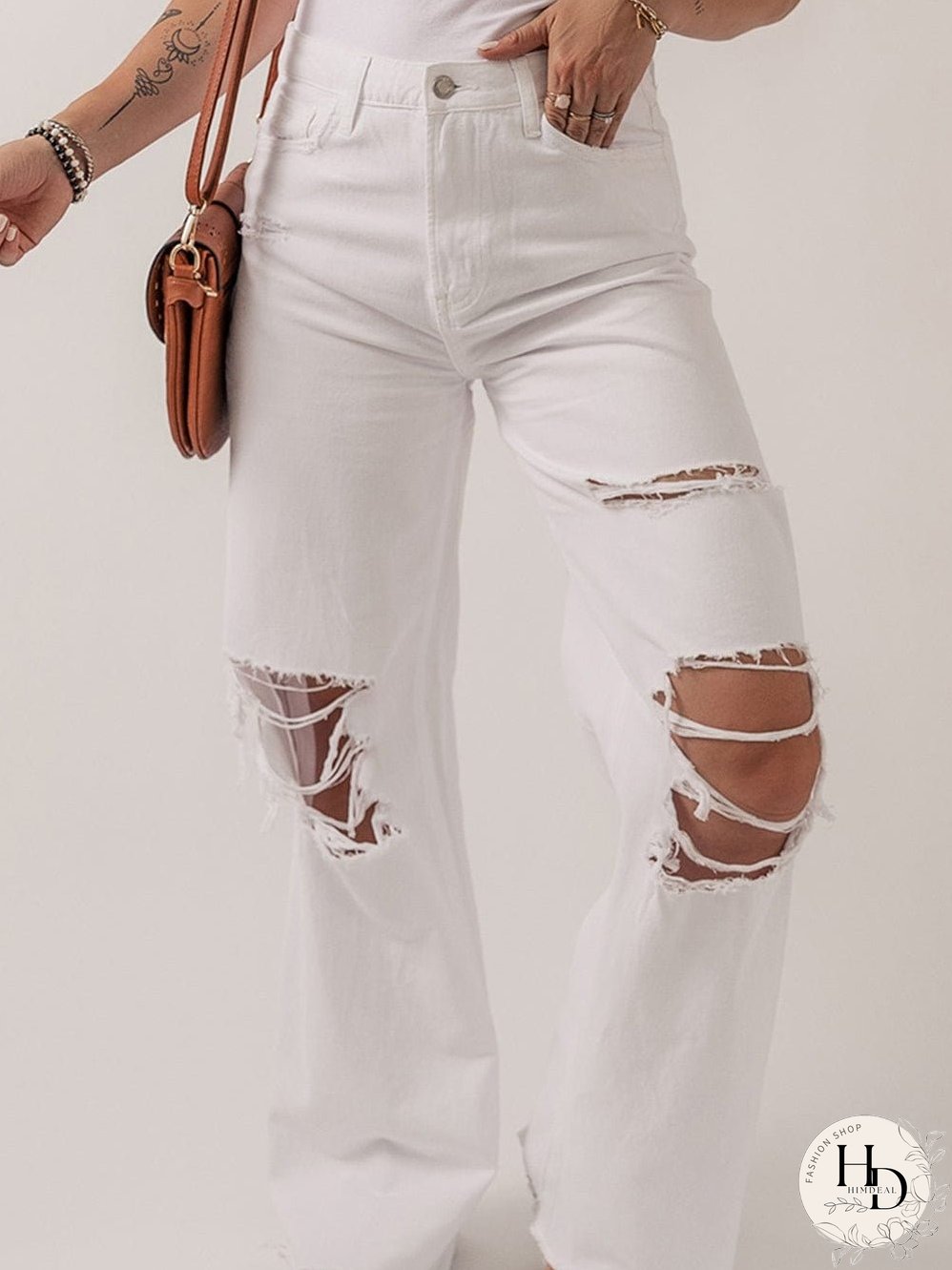 White Distressed Straight Leg Denim Jeans