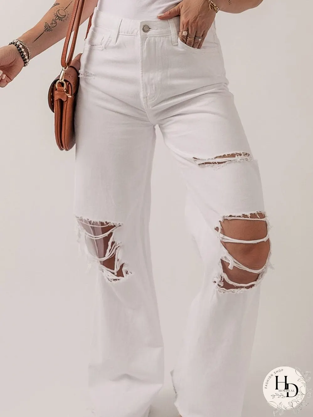 White Distressed Straight Leg Denim Jeans