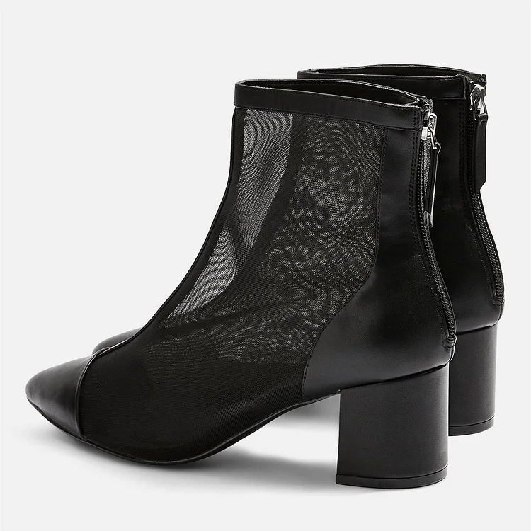 Black Pointy Toe Nets Ankle Booties with Chunky Heel Vdcoo