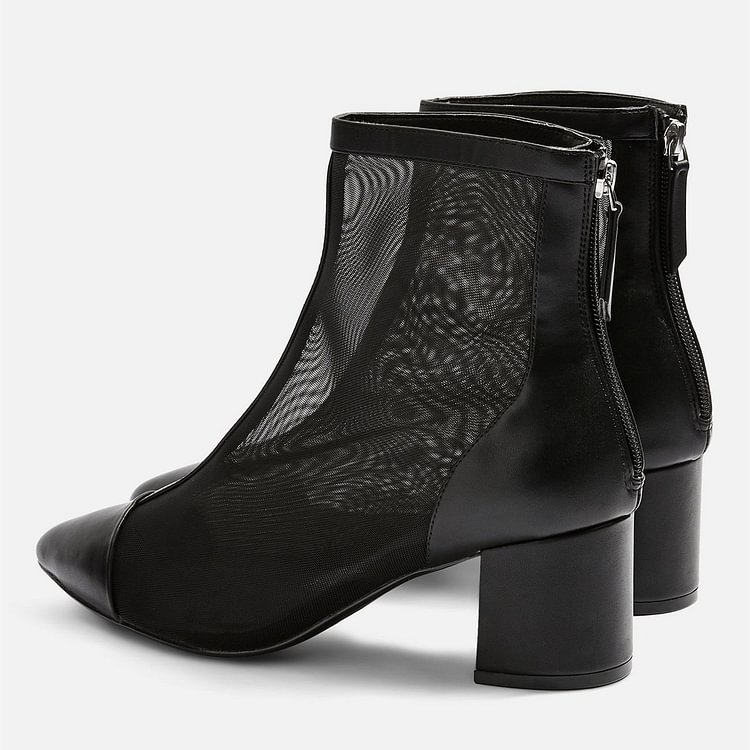 Black Pointy Toe Nets Chunky Heel Ankle Booties |FSJ Shoes
