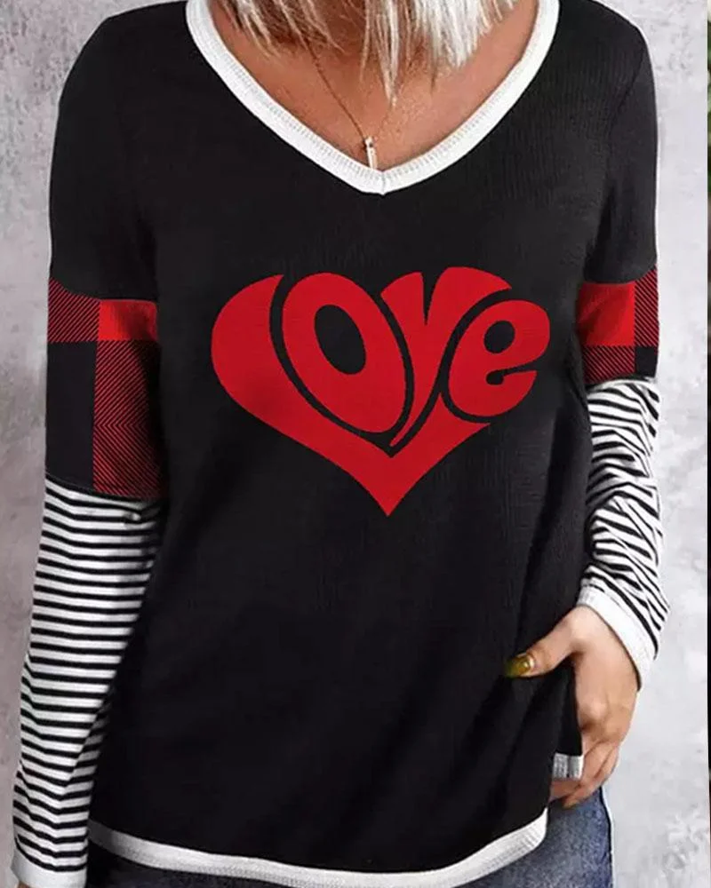 Women's Stripe Love Print V Neck Long Sleeve Plus Size Top