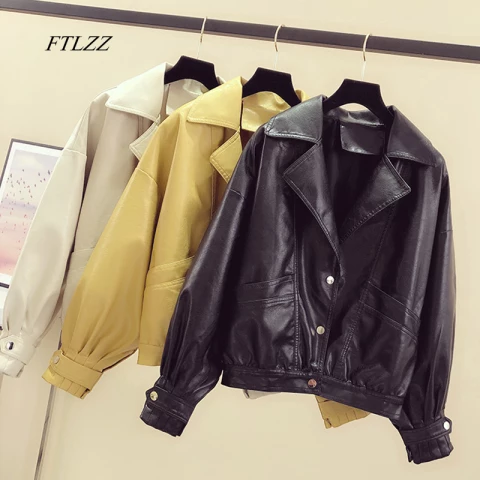 FTLZZ Spring Women White Black Yellow Turndown Collar Single Breasted Biker Jacket Faux Leather Vintage Short Motor Jackets