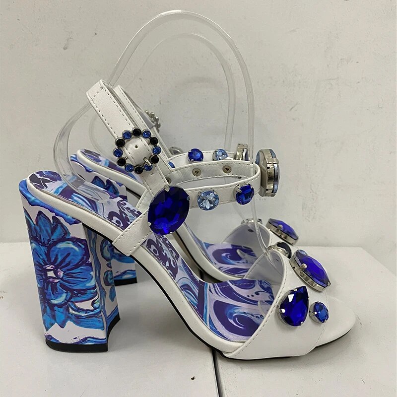 VCSHOES Rhinestone Flower Ladies High Heel Sandals Round Toe Platform Sandals Party Shoes 10CM Women Pumps