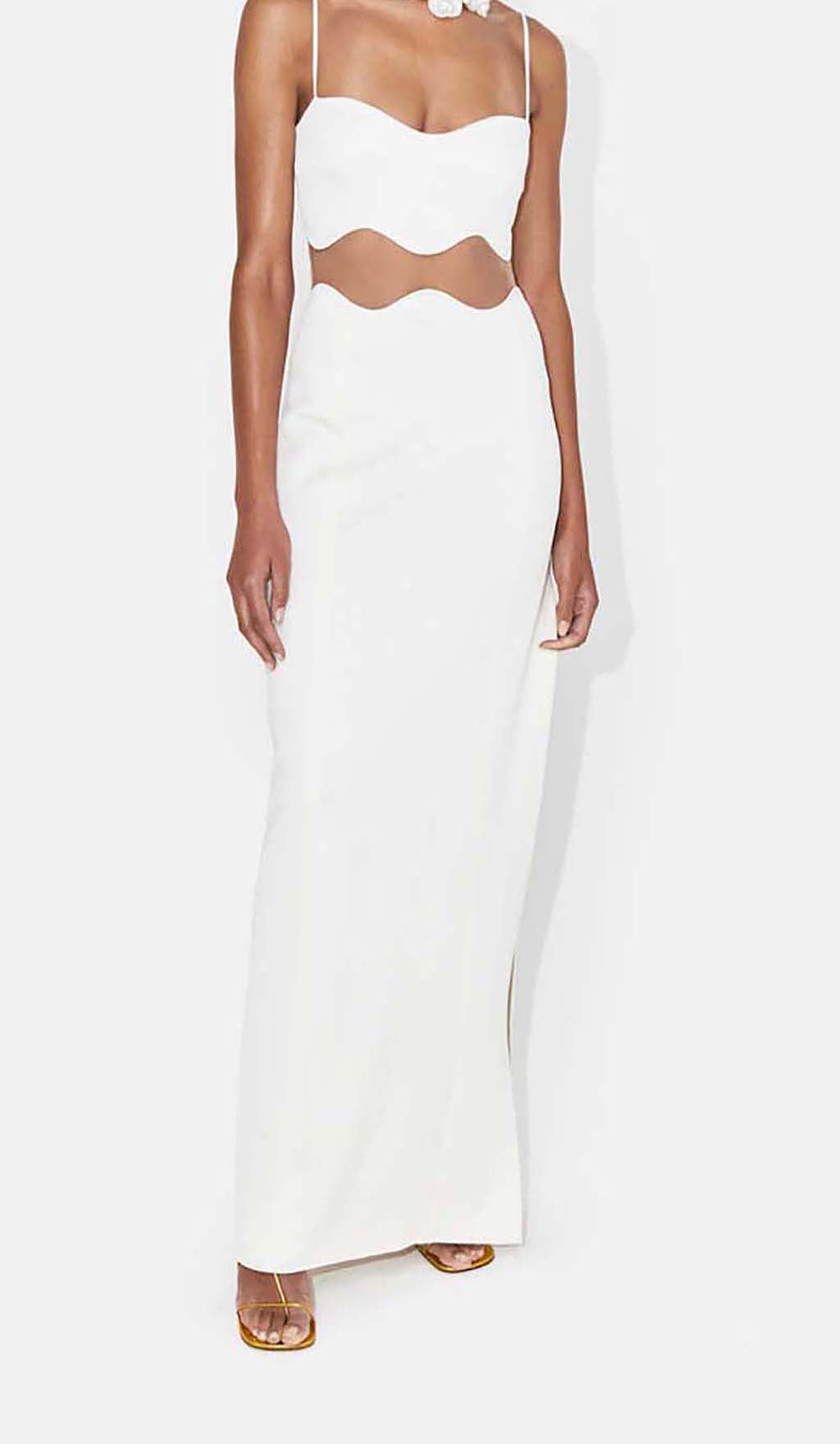 Scalloped Mesh Insert Maxi Dress In White Flowering Girl
