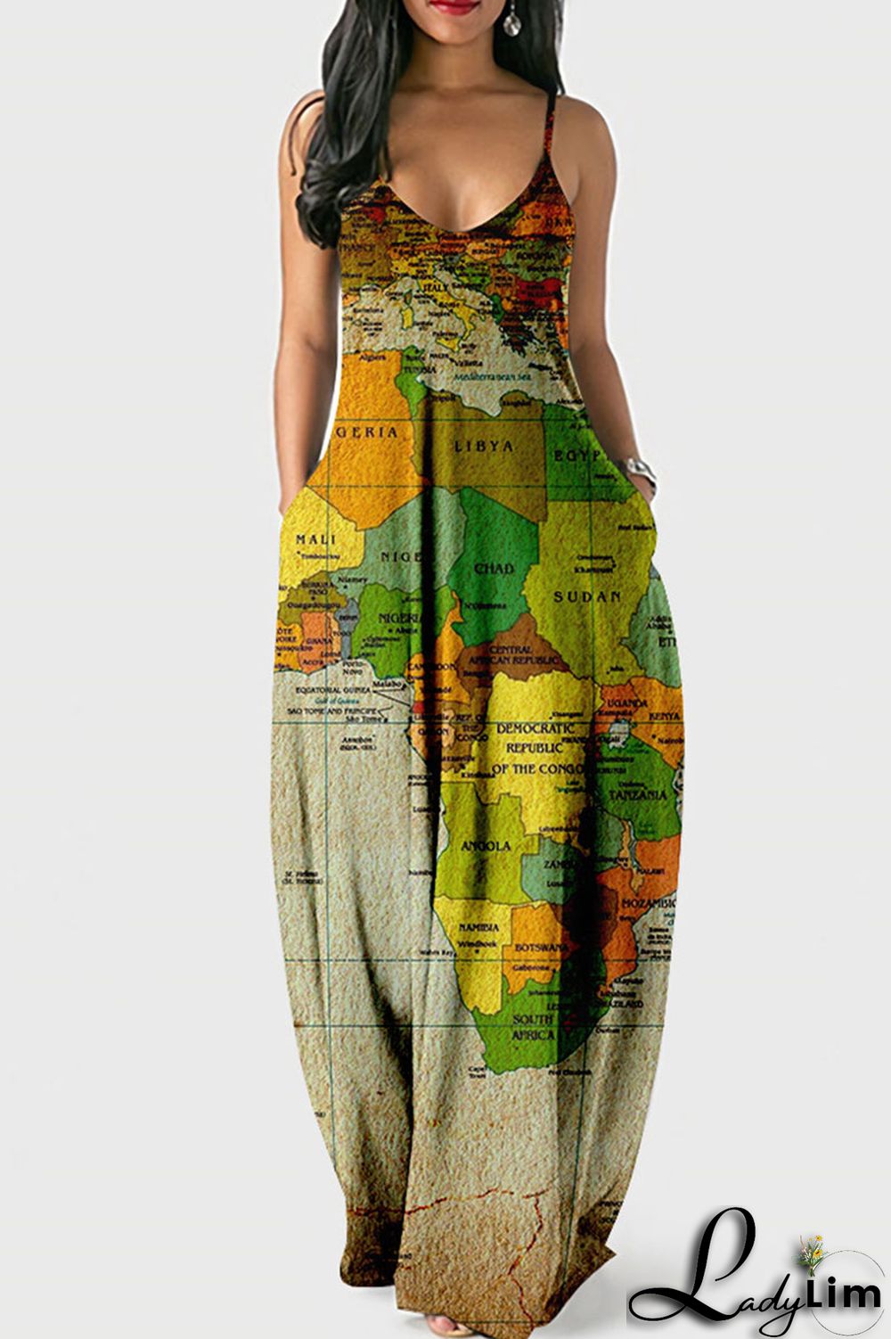 White Blue Fashion Sexy Print Backless Spaghetti Strap Long Dress