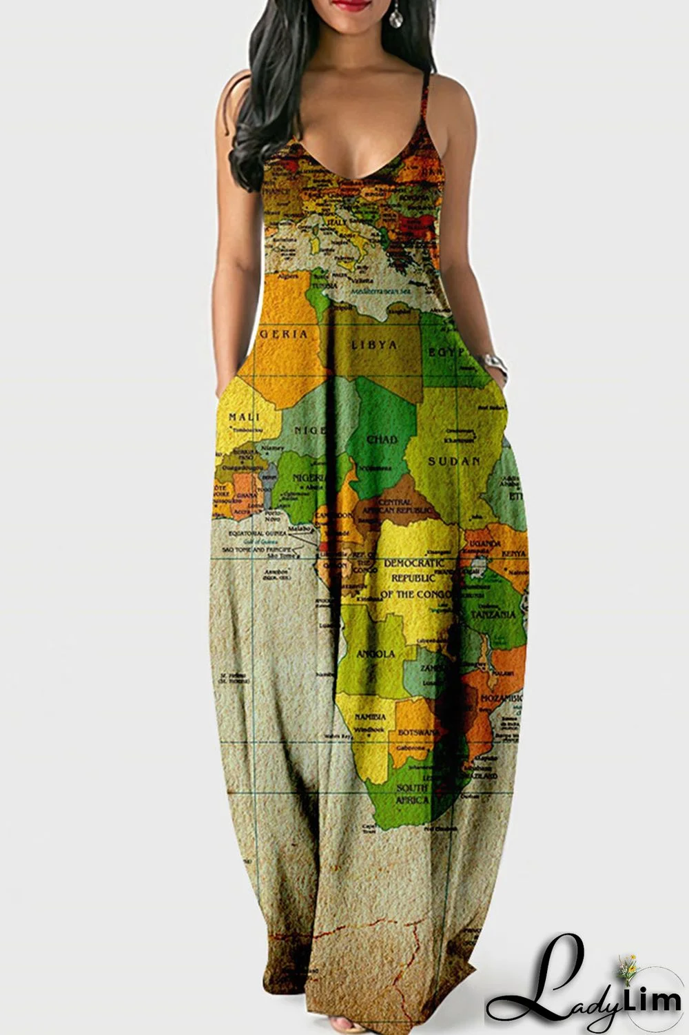 White Blue Fashion Sexy Print Backless Spaghetti Strap Long Dress