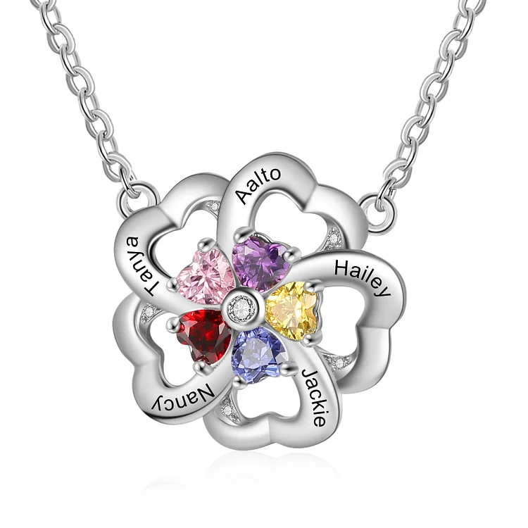 Personalized Five Clover Heart Necklace with 5 Birthstones Gifts for Mom