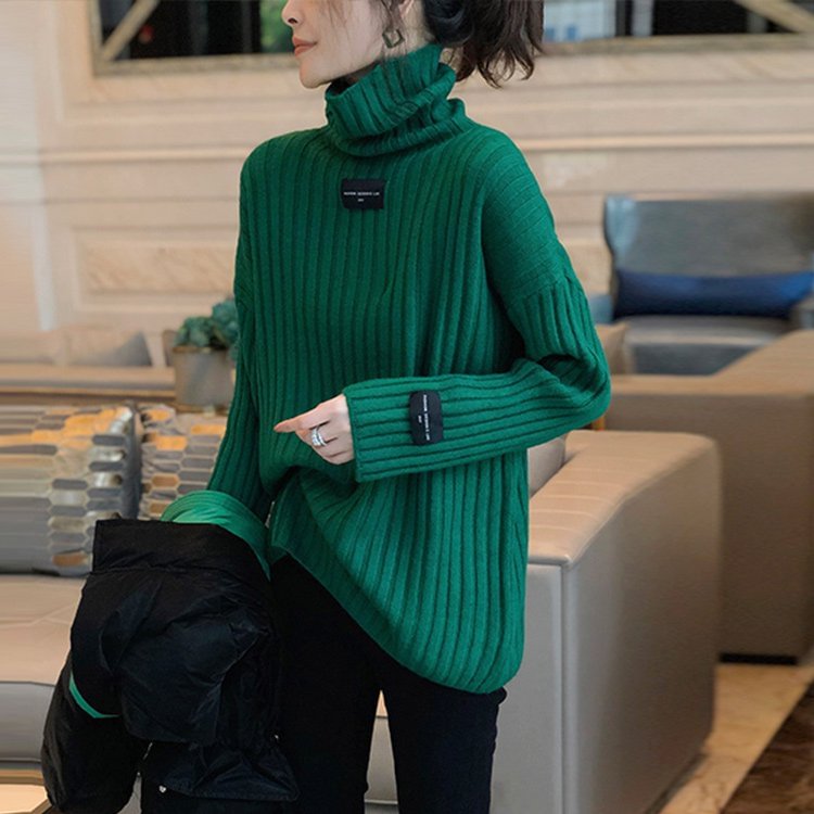 Green Cotton-Blend Solid Long Sleeve Shift Sweater QueenFunky