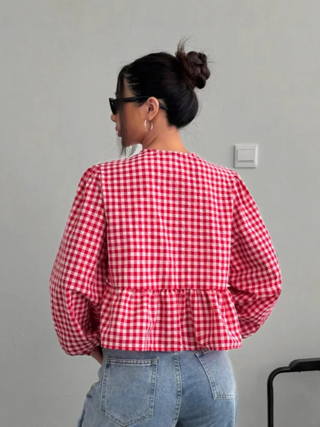 Nigikala Nigikala Women's Plaid Loose Bow Long-Sleeved Shirt