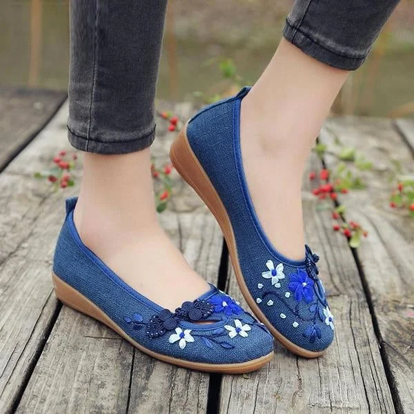 3D Flowers Women Linen Slip On Ballet Flats Breathable Fabric Shoes | EGEMISS