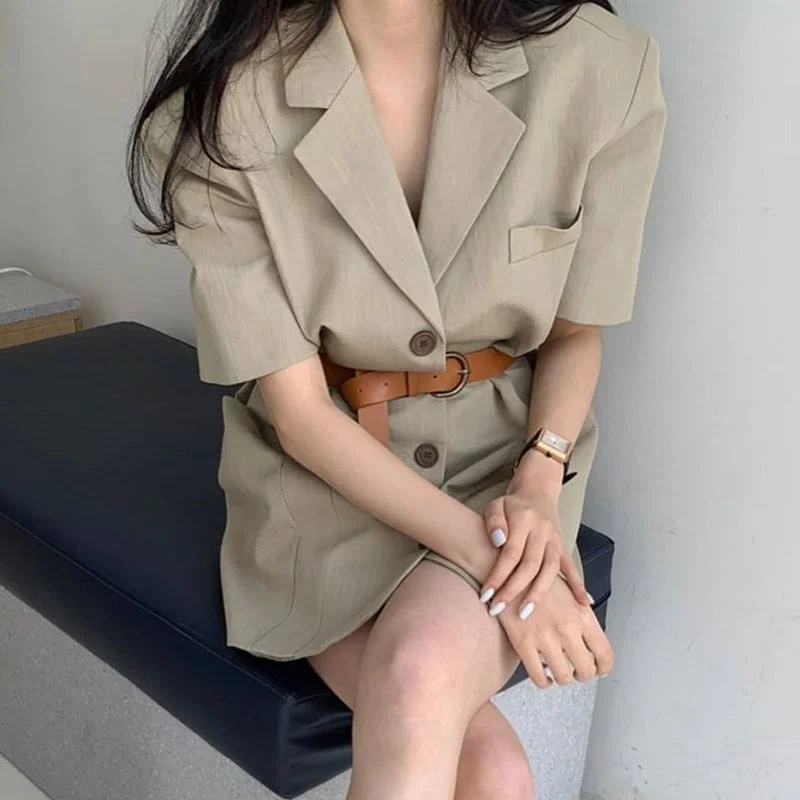UForever21 Women  Mini Dress Summer Short Sleeve Notched Single Breasted Korean Female Elegant Ladies Office Dress Vestidos Mujer