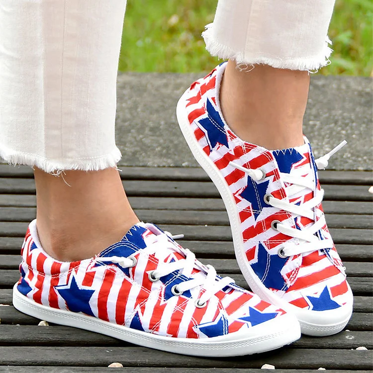 Daily Red Independence Day Star Striped Print Lace-up Low Top Flat Canvas Shoes