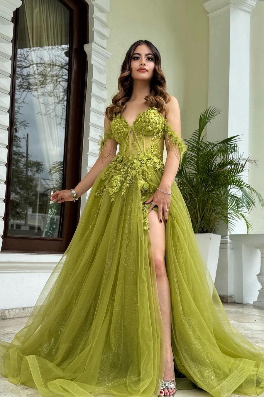 Oknass Tulle Off the Shoulder Sweetheart Sleeveless Split Prom Dress With Appliques