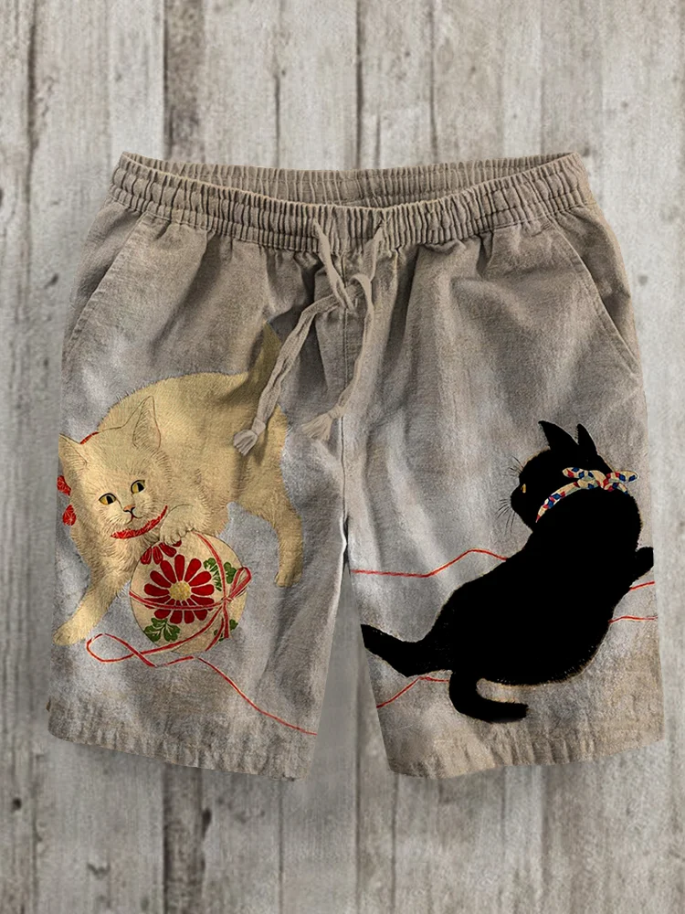 Men's Cat Tether Ball Art Print Casual Shorts