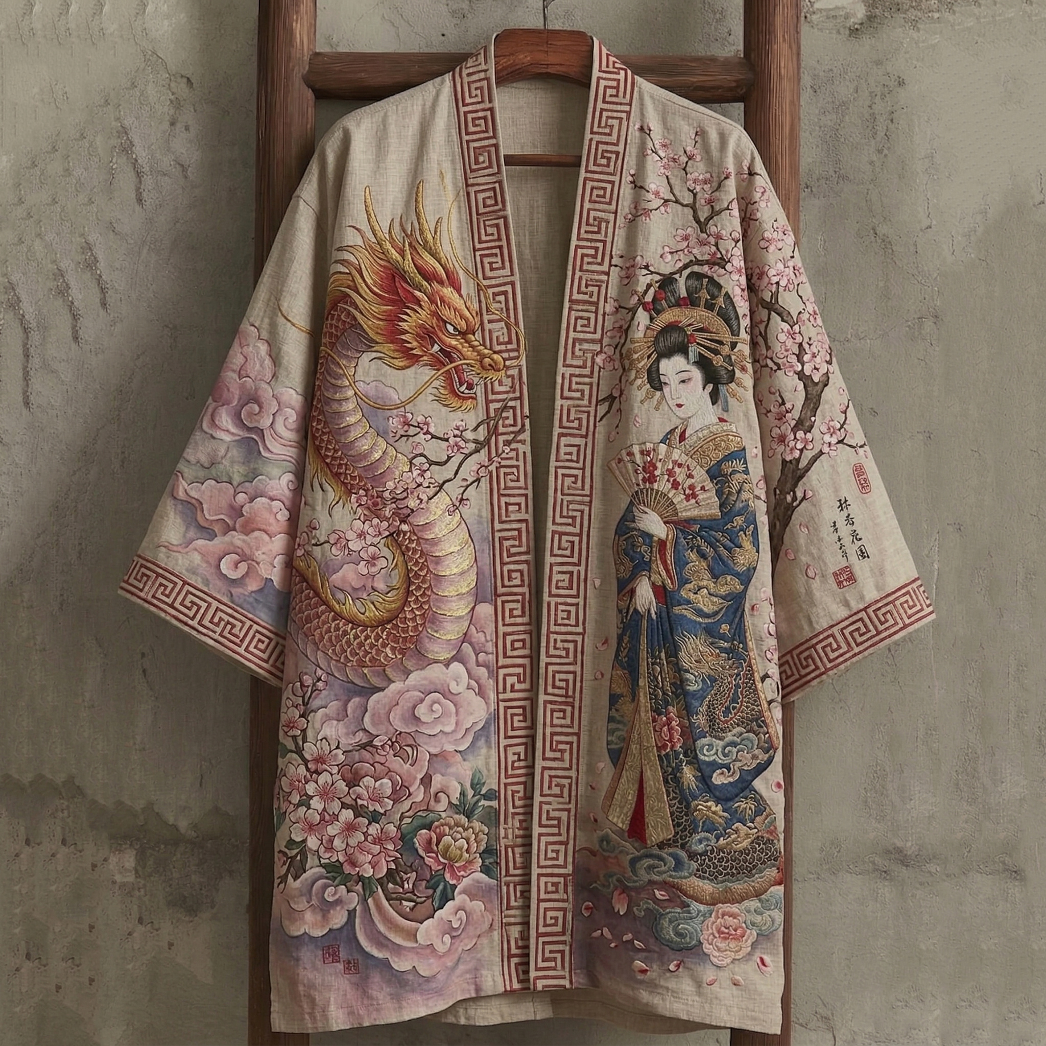 Vintage Elegant Japanese Geisha And Dragon Art Linen-blend Long Kimono elevenforest