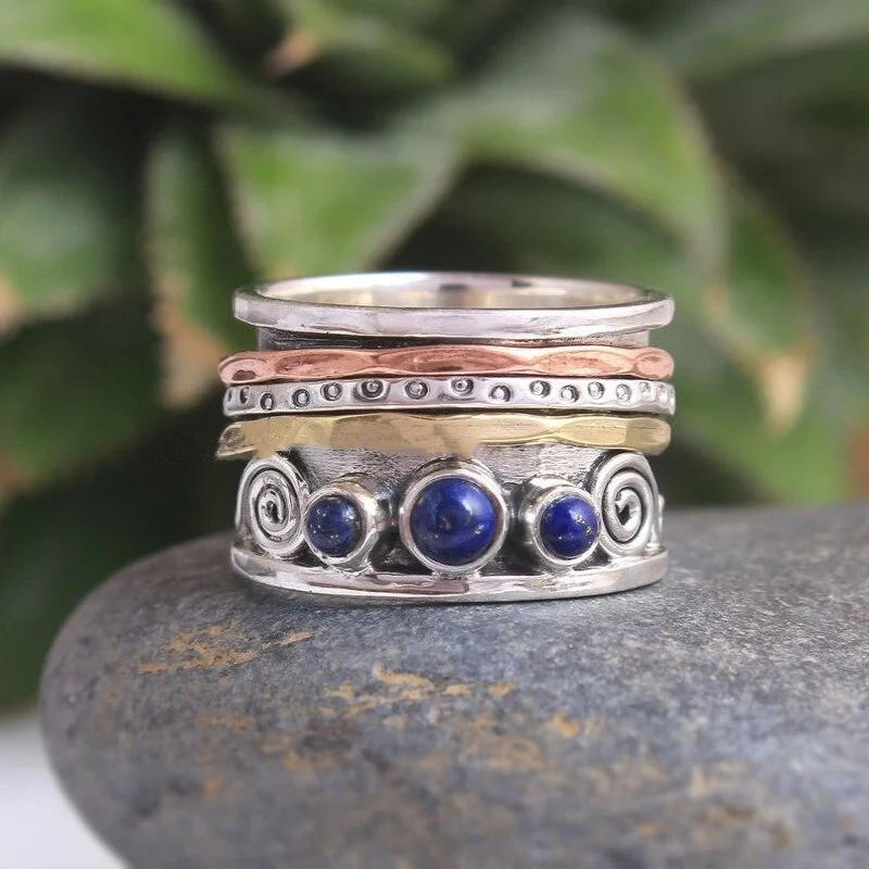 Vintage Metal Hand Engraved Spiral Electroplated Tricolor Ring Set with Three Lapis Lazuli Women Gift Party Ring