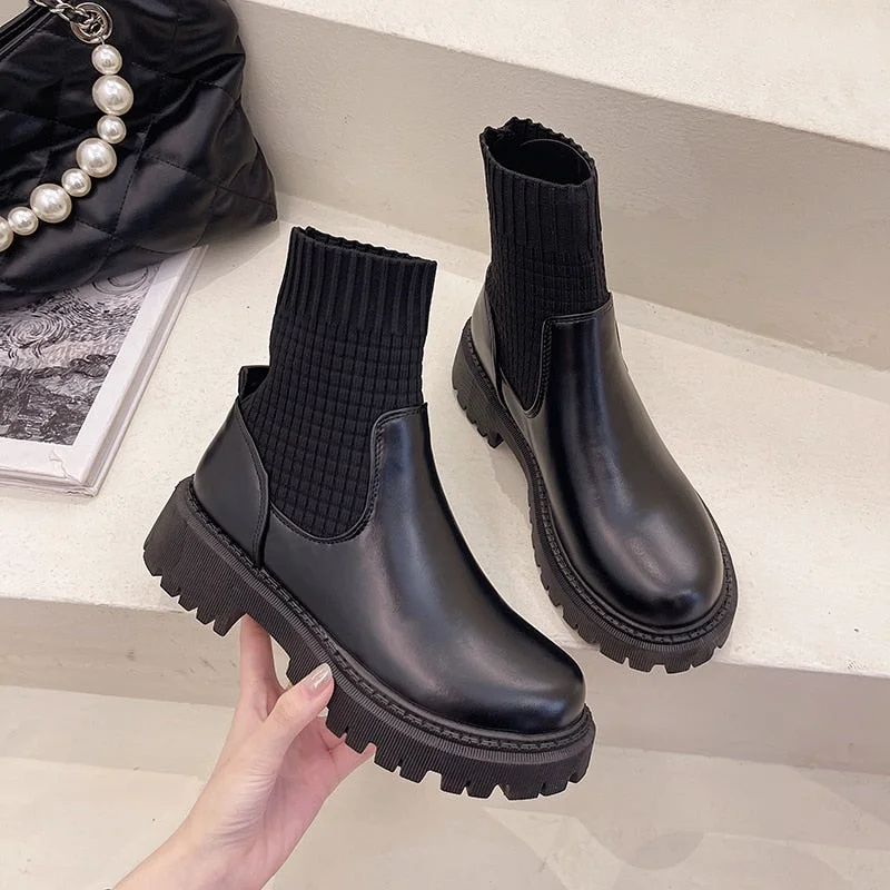 Women's Ankle Boots 2021 Fashion Slip On Black Sock Boots Female Punk Gothic Shoes Ladies Elegant Lolita Low Heels Short Boots