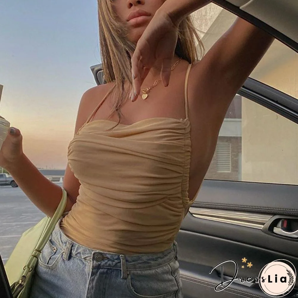 Sleeveless Chic Fashion Mesh Ruched Halter Bodysuit Women Female Tie Up Backless Body Suit Feminino Top Streetwear