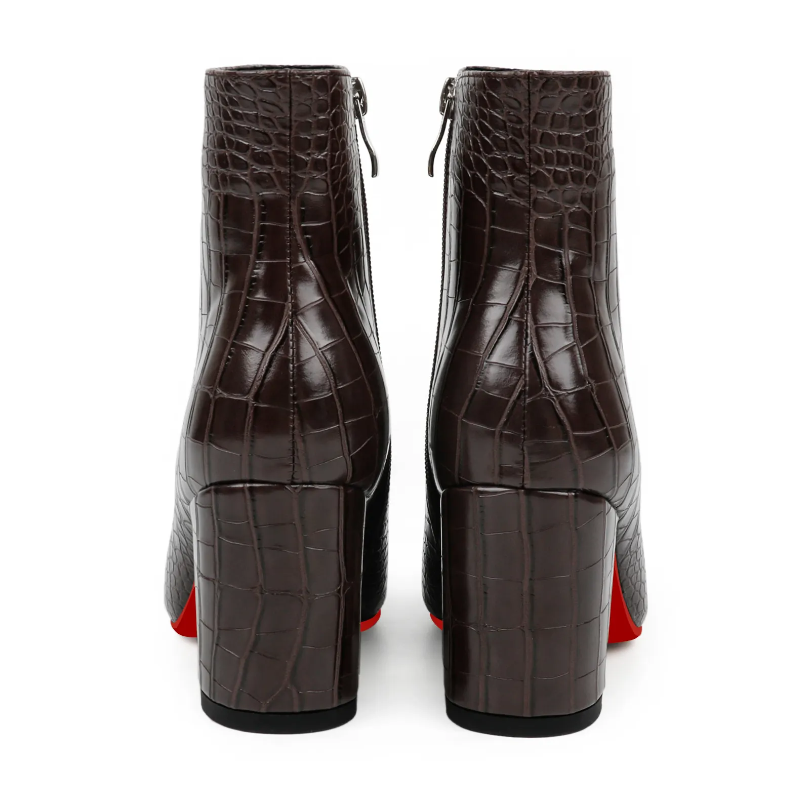 75mm Women's Zipper Pointed Toe Red Bottom Chunky Heel Ankle Boots-vocosishoes