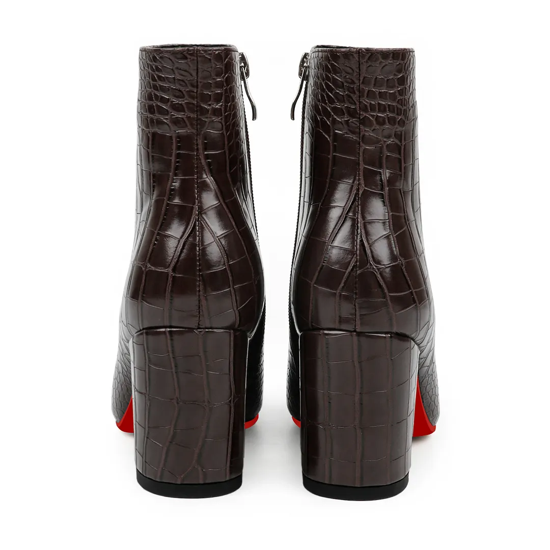 75mm Women's Zipper Pointed Toe Red Bottom Chunky Heel Ankle Boots-vocosishoes