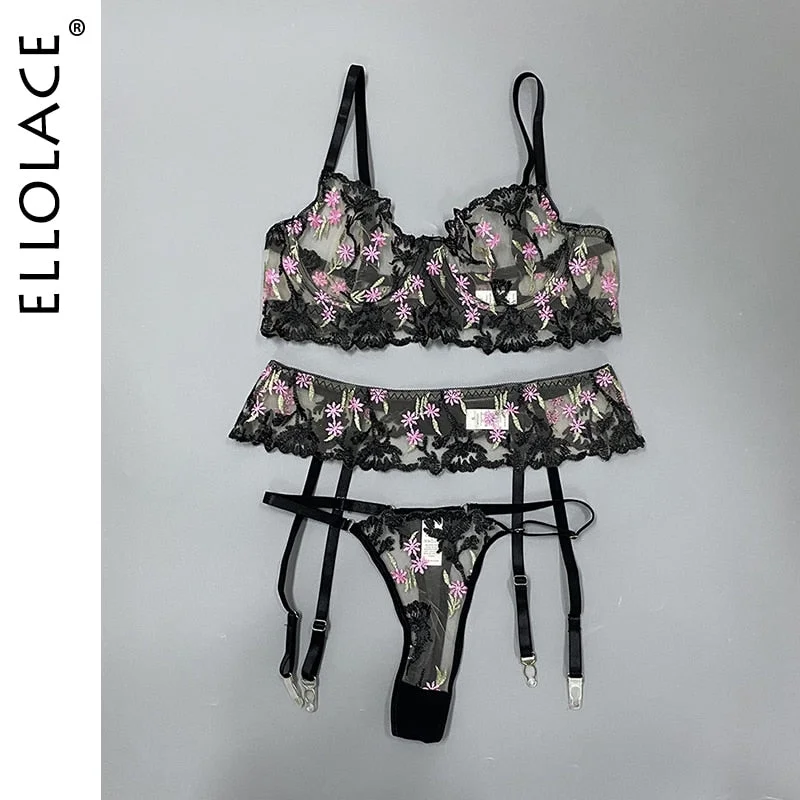 Ellolace Fancy Embroidery Sexy Lingerie Beautiful 3 Piece Short Skin Care Kits Breves Sets Lace Exotic Underwire Underwear Set