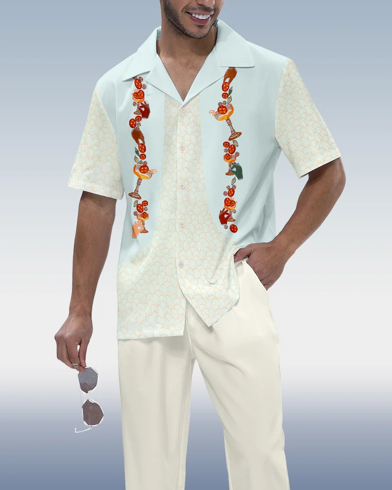 Suitmens Men's Colorblock Floral Short Sleeve Shirt Walking Set 541