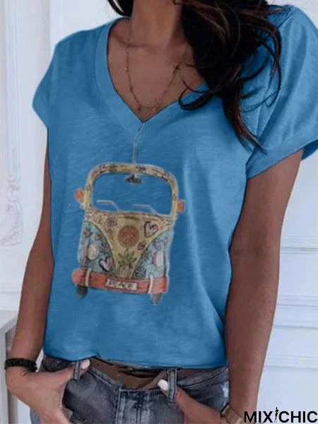 Vintage Car Printed Short Sleeve Casual Top